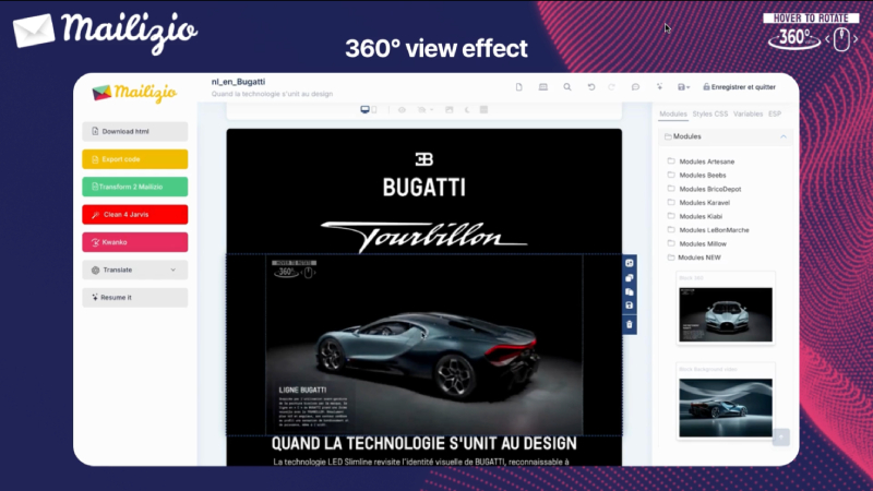 Email rendu 360° — Mailizio x Bugatti